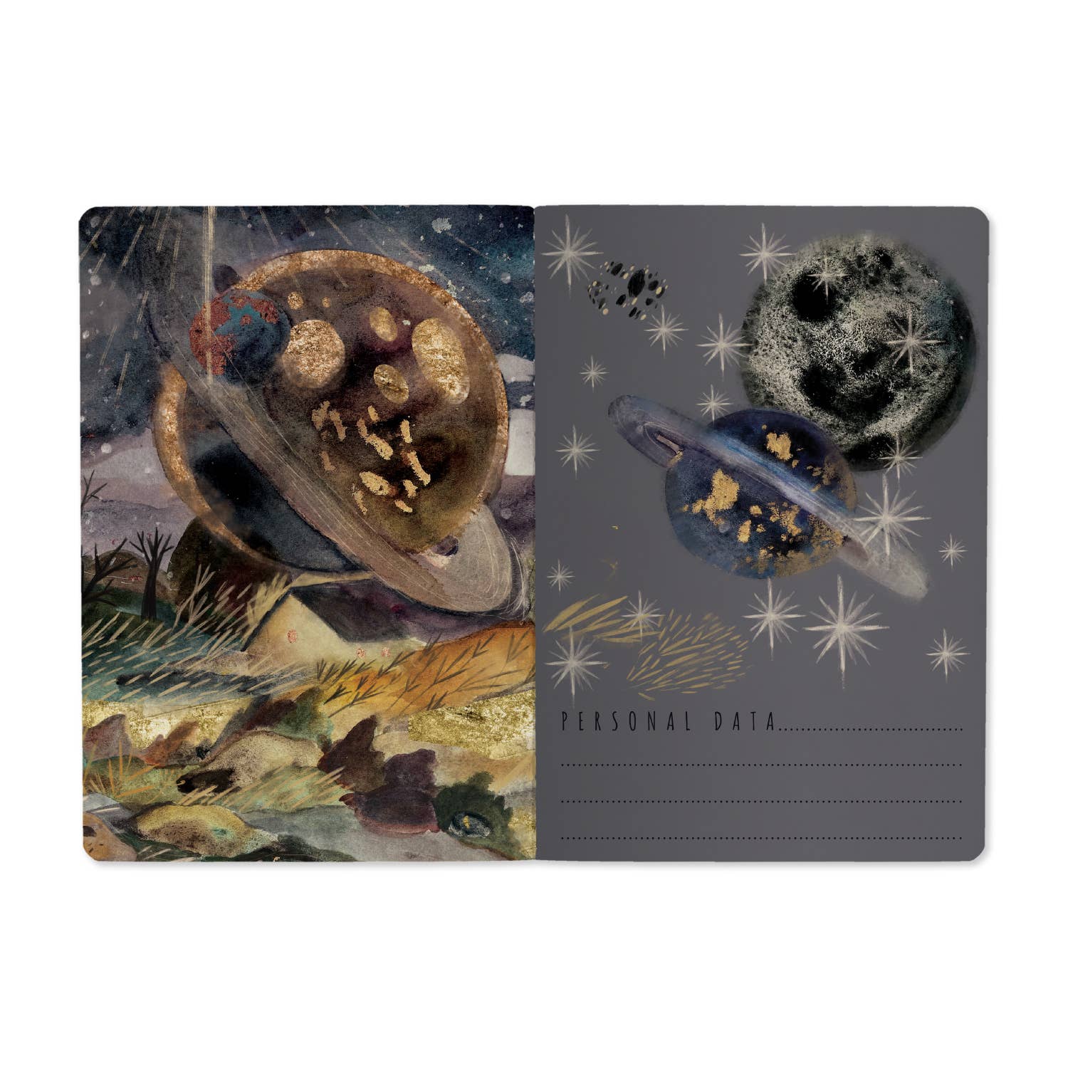 A5 ruled notebook with a galaxy and starfield cover design, detail view