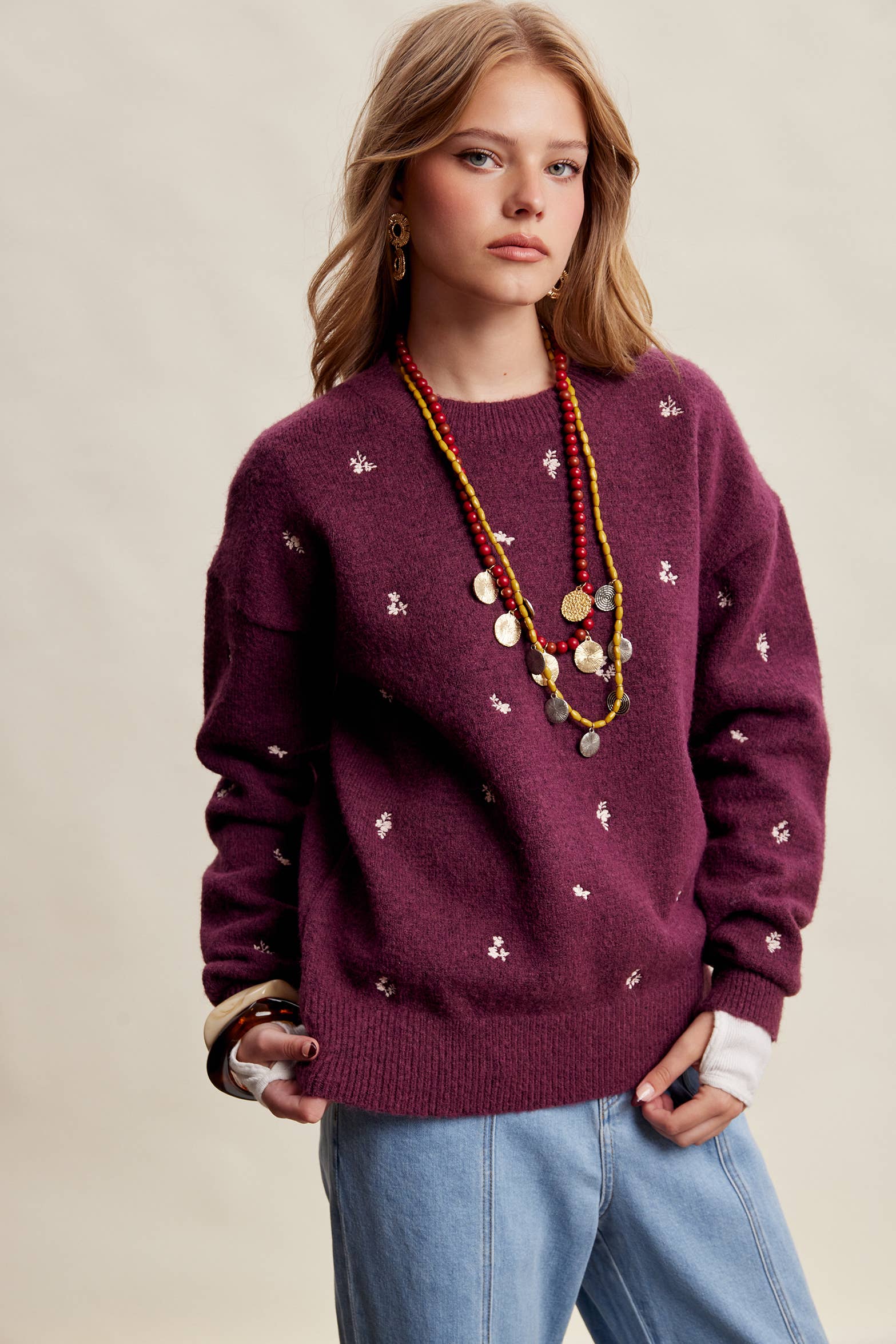 Women's Embroidered Dot Sweater in Plum – 8