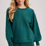 Hunter green ribbed knit lounge sweater with balloon sleeves and matching elastic waist shorts