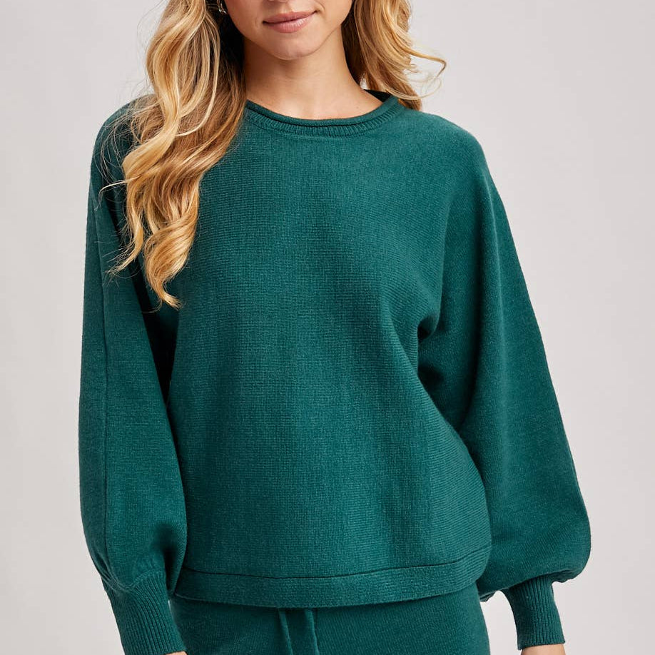 Hunter green ribbed knit lounge sweater with balloon sleeves and matching elastic waist shorts