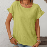 Dark Blue Solid Color Crewneck Sweet Short-Sleeve Hollow-Out Top