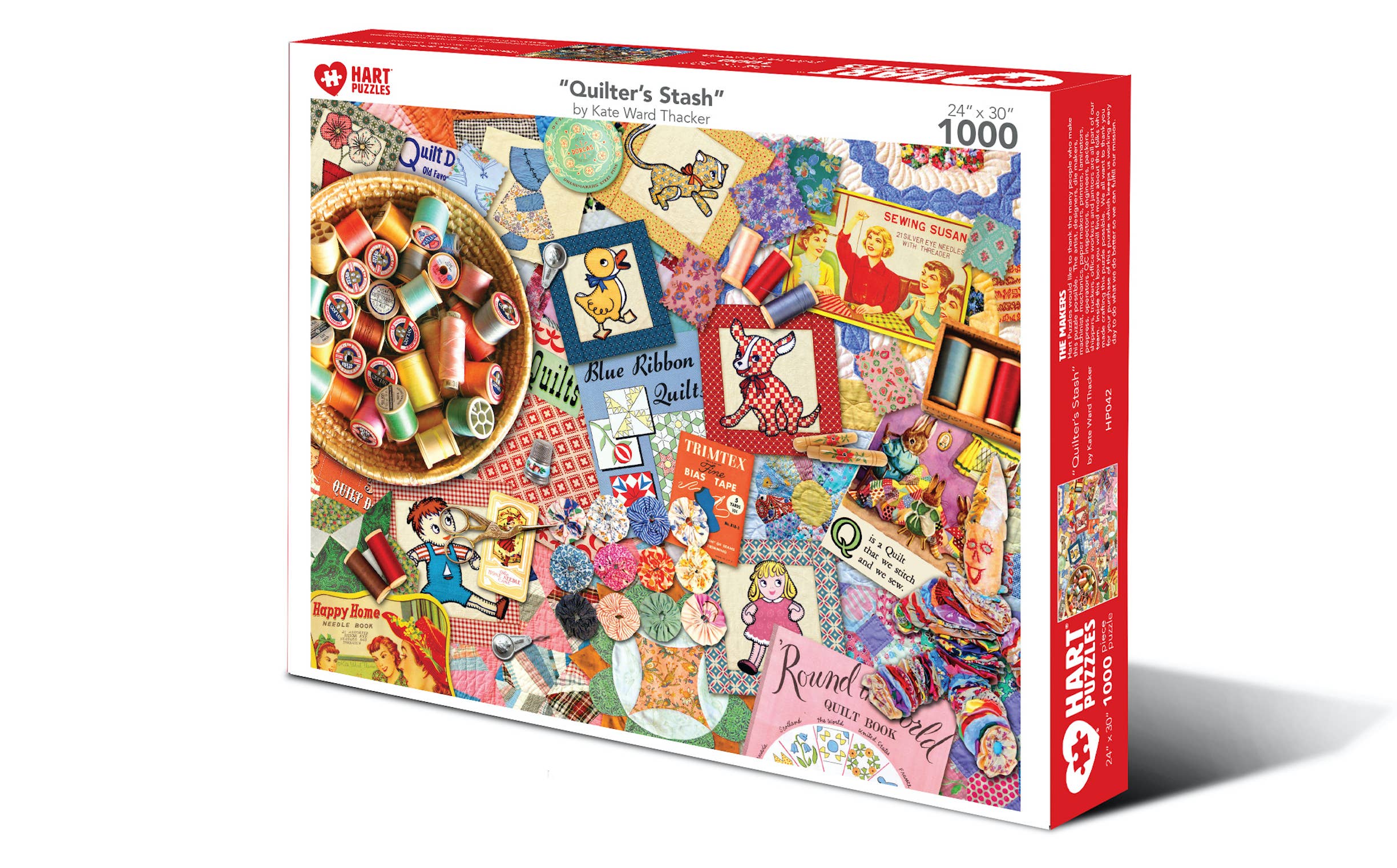 Quilter's Stash 1,000-piece jigsaw puzzle box showing spools of thread, fabric scraps, quilt blocks and vintage sewing notions