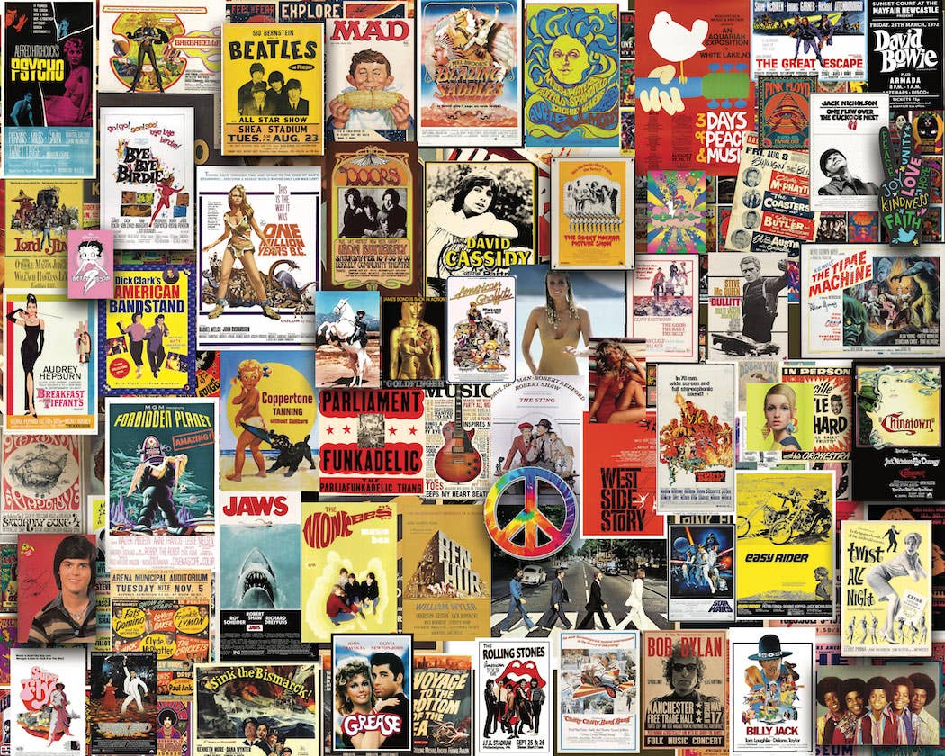 Completed Boomers' Favorite Posters 1,000-piece jigsaw puzzle: a collage of vintage movie, music and pop culture posters from the 1960s to 1980s