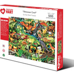 Dinosaur Cool 500-piece jigsaw puzzle box showing a jungle scene packed with colorful dinosaurs including T. rex and triceratops