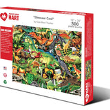 Dinosaur Cool 500-piece jigsaw puzzle box showing a jungle scene packed with colorful dinosaurs including T. rex and triceratops