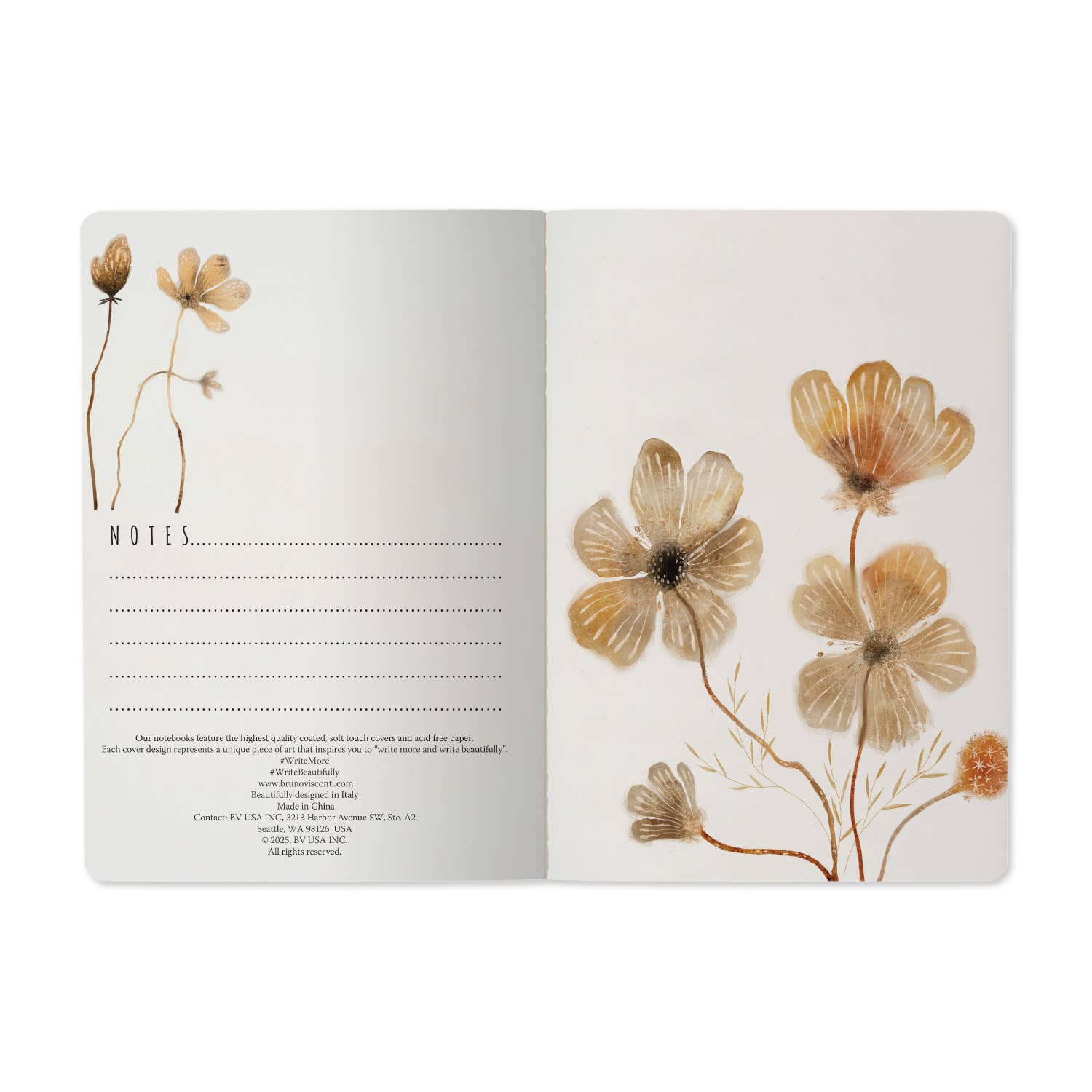A5 ruled notebook with a blush and gold floral cover design, detail view