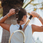 Rise hair tie bracelet set in cream and tan with gold sunrise charm, view 7