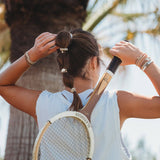 Rise hair tie bracelet set in cream and tan with gold sunrise charm, view 7