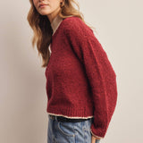 Contrast Trim Bouclé Sweater in Wine – 5