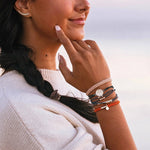 Discover hair tie bracelet set in orange, green, blue and brown with gold pine tree charm, view 2