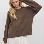 Mocha crew neck pullover sweater, alternate view