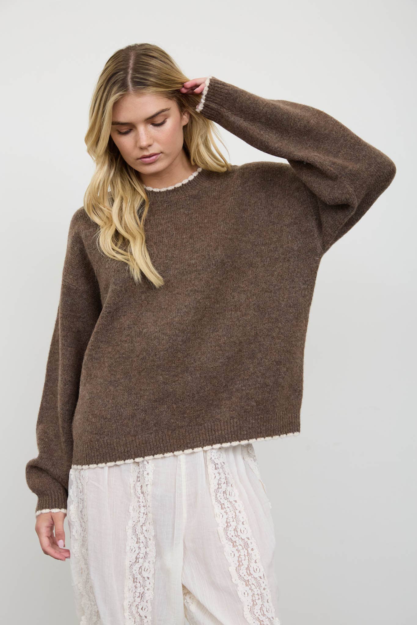 Mocha crew neck pullover sweater, alternate view