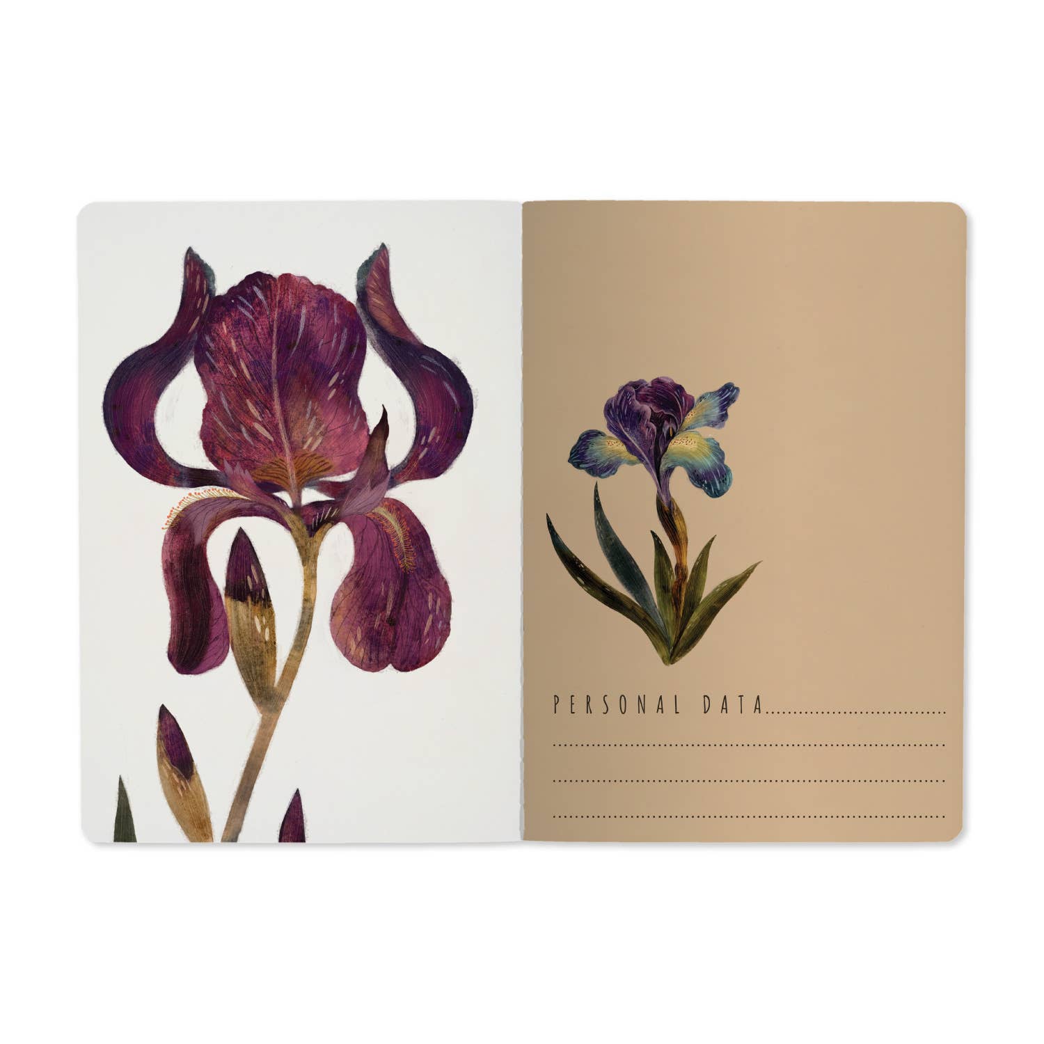 A5 ruled notebook with a painted iris cover design, detail view