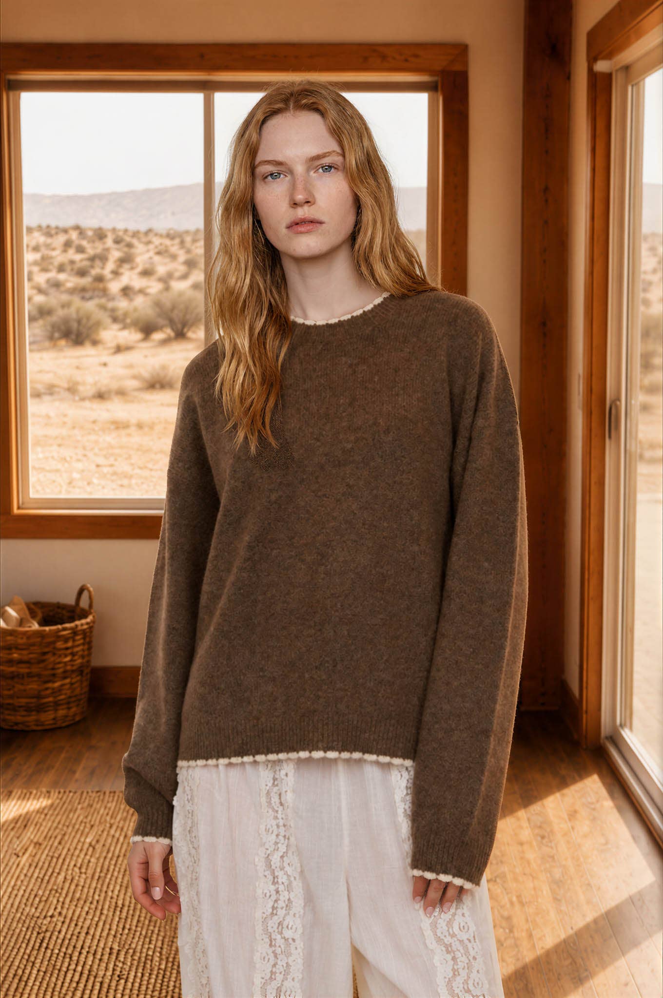 Mocha crew neck pullover sweater, styled