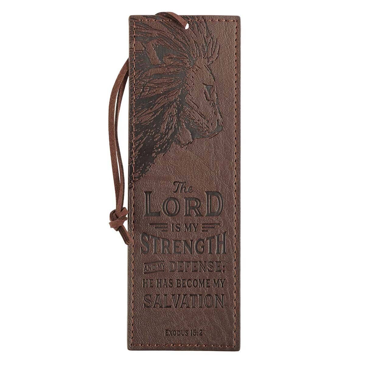 The Lord Is My Strength walnut brown faux leather bookmark with Exodus 15:2