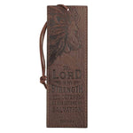The Lord Is My Strength walnut brown faux leather bookmark with Exodus 15:2