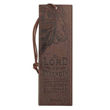 The Lord Is My Strength walnut brown faux leather bookmark with Exodus 15:2