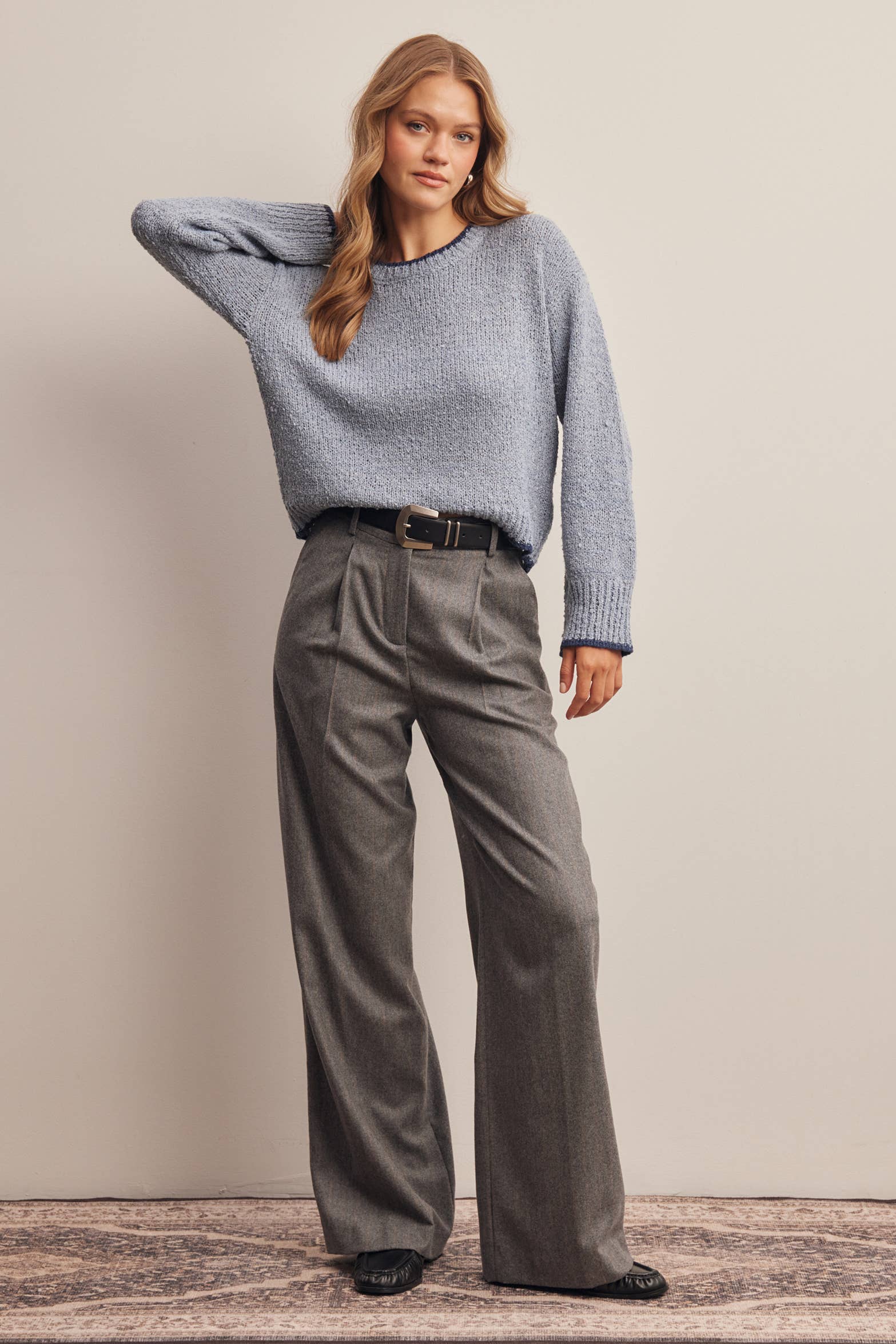 Contrast Trim Bouclé Sweater in Slate Blue – 11