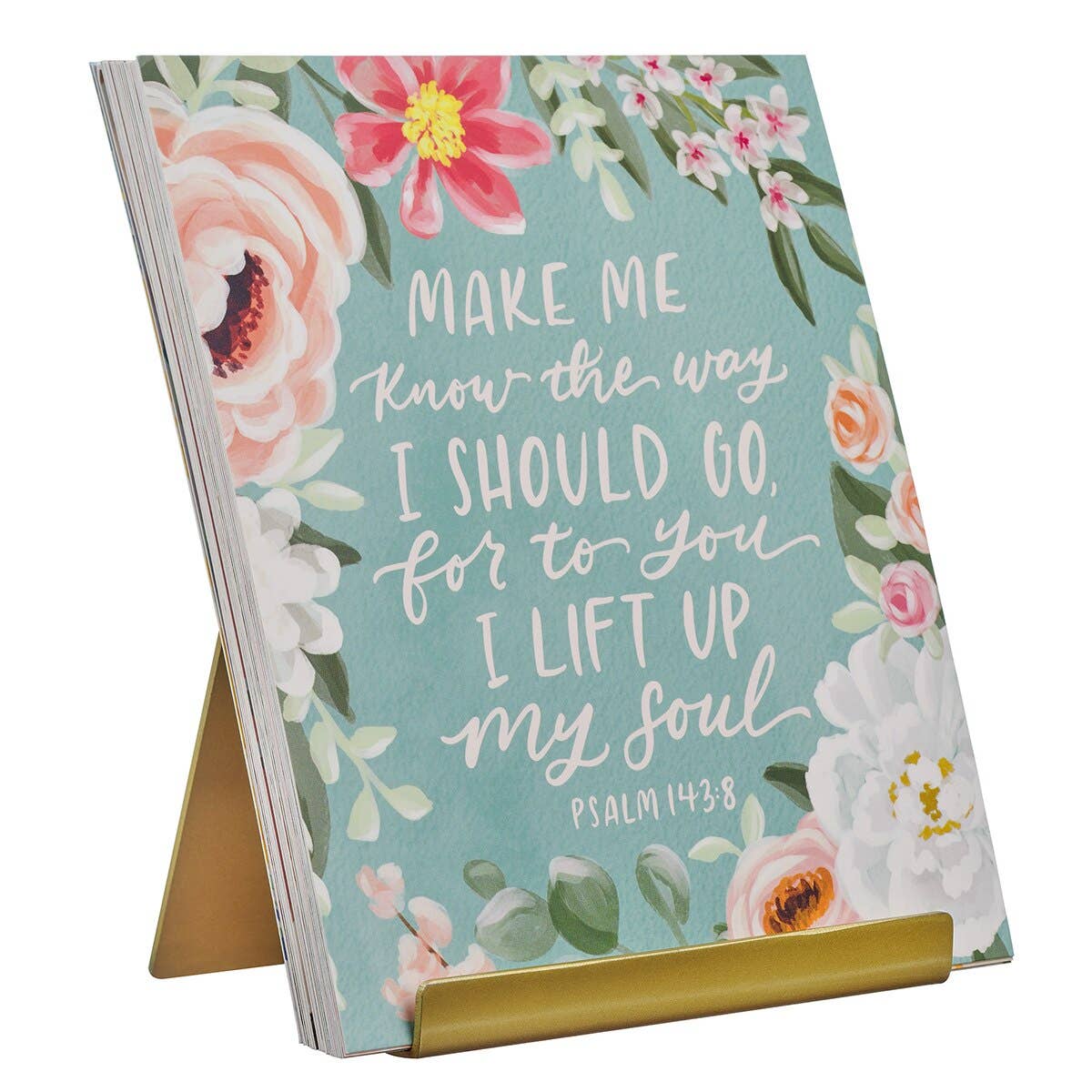 Blossoms of Faith desktop scripture cards displayed on a gold metal stand