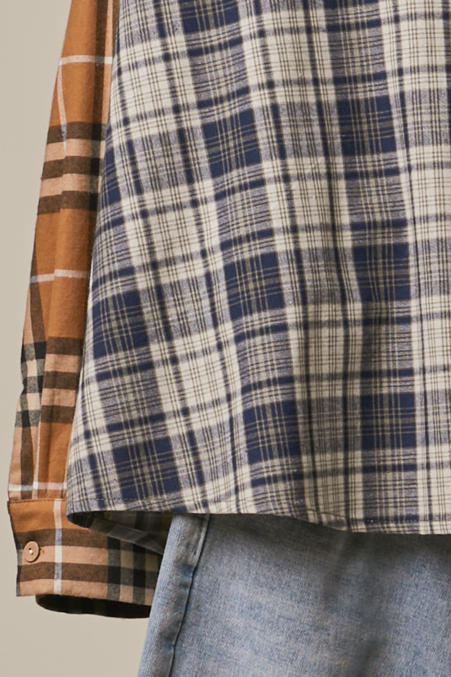 Mixed Plaid Patchwork Button Up Shirt in Navy Blue - hem and sleeve detail