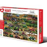 Tractors, Tractors, Tractors 1,000-piece jigsaw puzzle box showing classic and modern tractors working across farm fields