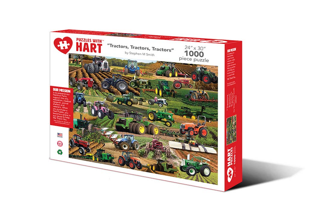 Tractors, Tractors, Tractors 1,000-piece jigsaw puzzle box showing classic and modern tractors working across farm fields