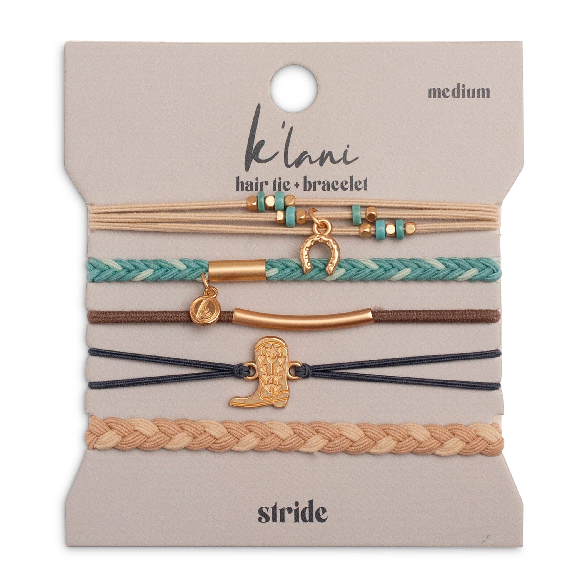 Stride hair tie bracelet set in blue, brown, cream and teal with gold cowboy boot and horseshoe charms