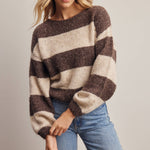 Striped boat neck soft knit sweater in mocha - side view