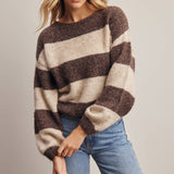 Striped boat neck soft knit sweater in mocha - side view