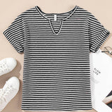 Stripe Textured Notched Neck Cuffed Short Sleeve Top