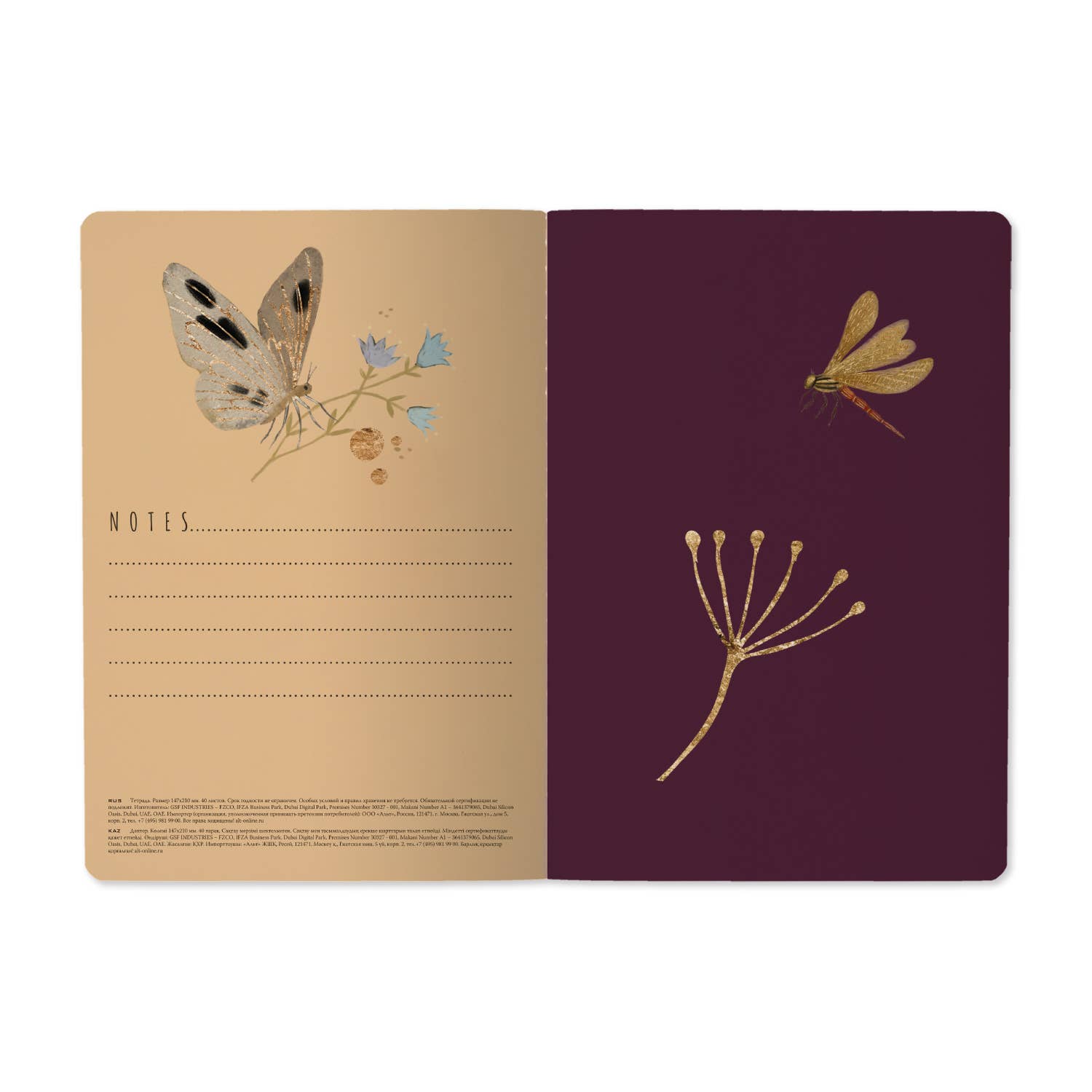 A5 soft-touch notebook with a dark floral and butterfly cover design, interior ruled pages