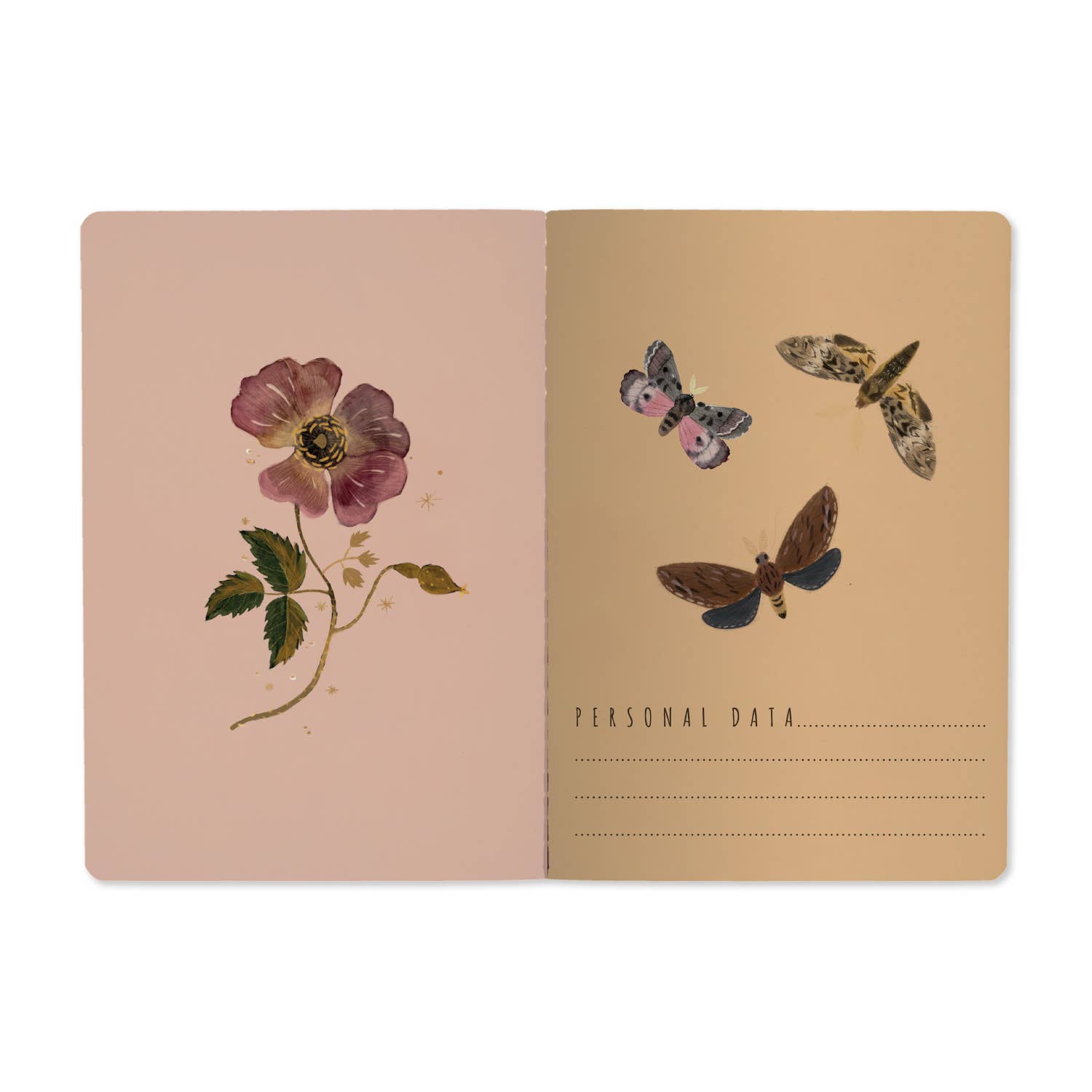 A5 soft-touch notebook with a dark floral and butterfly cover design, detail view