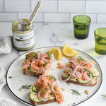 Open-faced smoked salmon and shrimp sandwiches with Dill Pickle Mustard