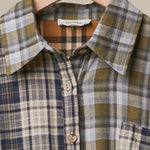 Mixed Plaid Patchwork Button Up Shirt in Navy Blue - collar and button detail