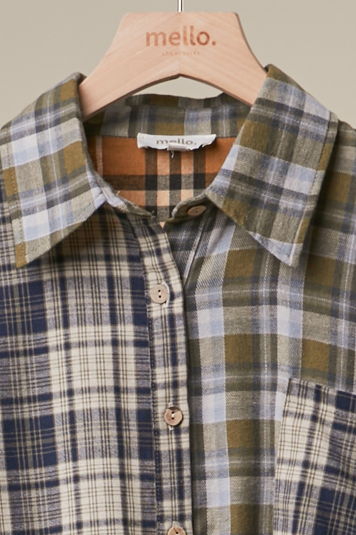 Mixed Plaid Patchwork Button Up Shirt in Navy Blue - collar and button detail