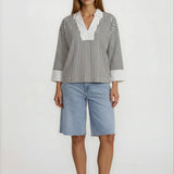 V NECK LONG SLEEVE WITH COLLAR CONTRAST TOP-WHITE