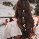 Rise hair tie bracelet set in cream and tan with gold sunrise charm, view 4