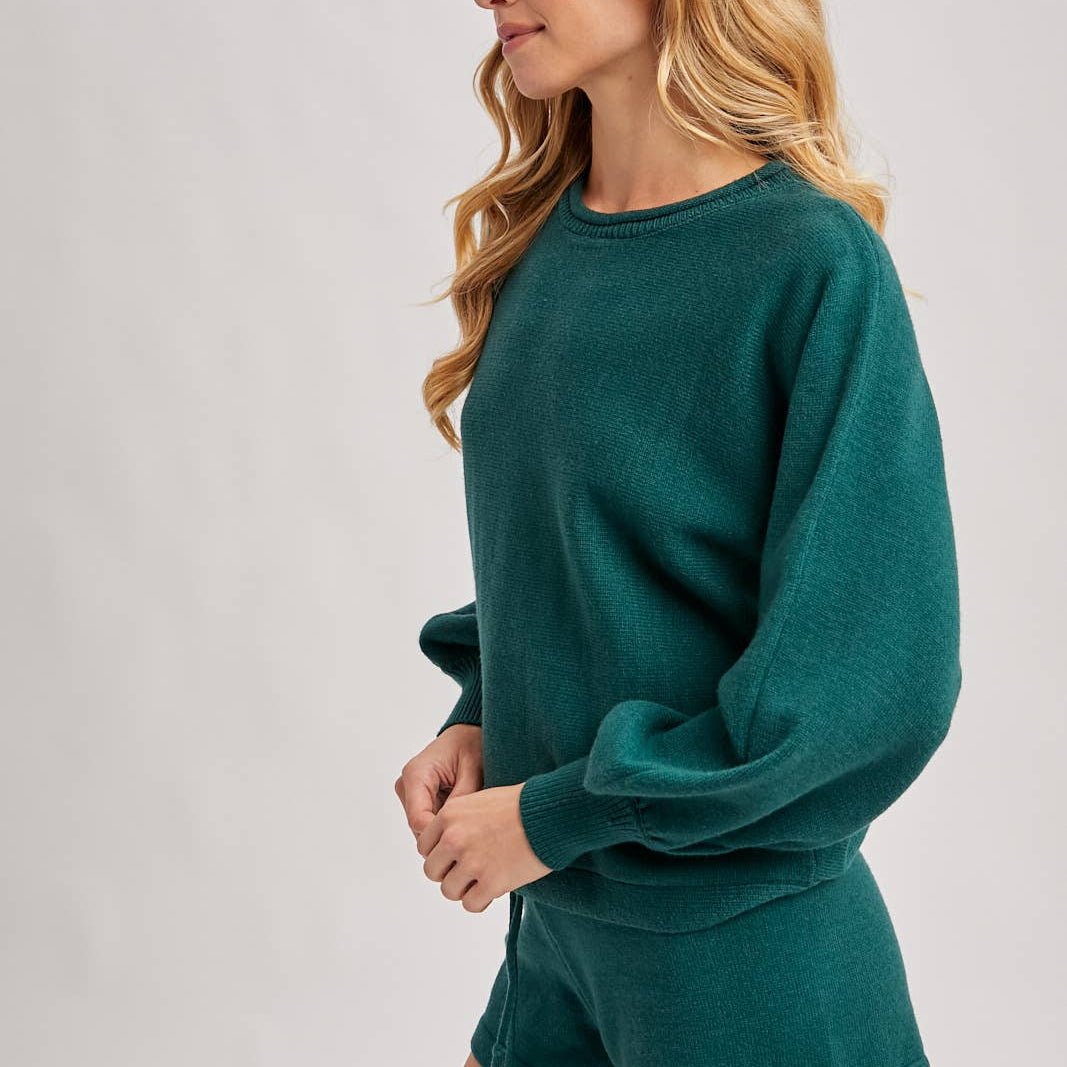 Hunter green ribbed knit lounge sweater and matching shorts
