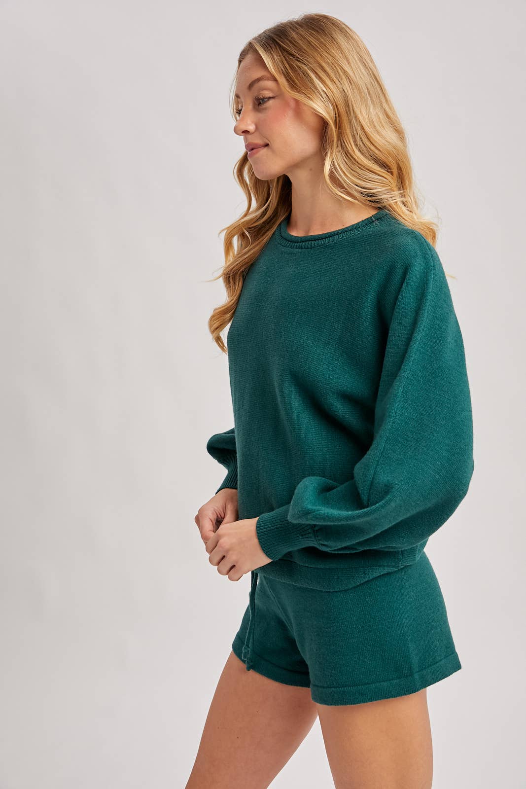 Hunter green ribbed knit lounge sweater and matching shorts