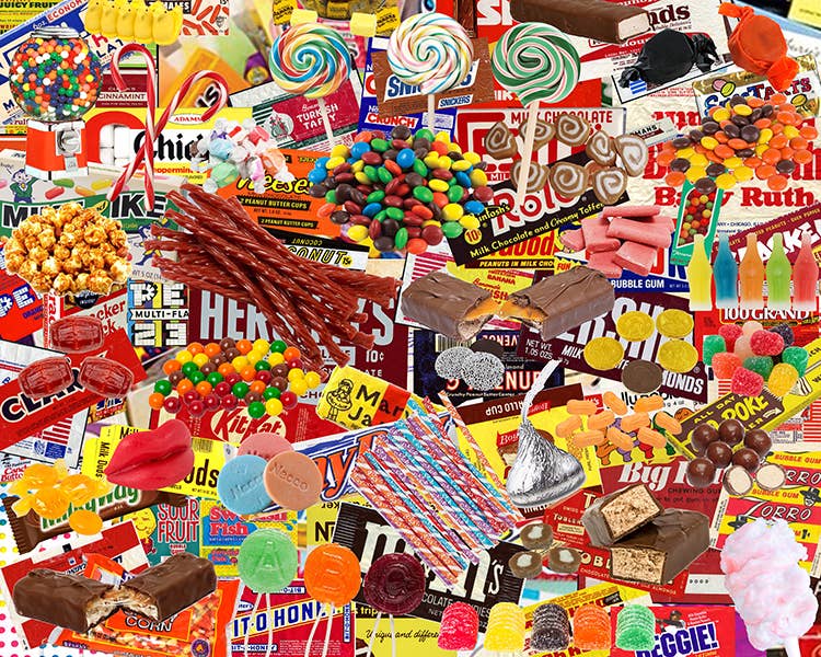 Completed Boomers' Favorite Candy 1,000-piece jigsaw puzzle: a colorful collage of classic candy bars, lollipops and vintage candy wrappers
