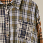 Mixed Plaid Patchwork Button Up Shirt in Navy Blue - chest pocket detail