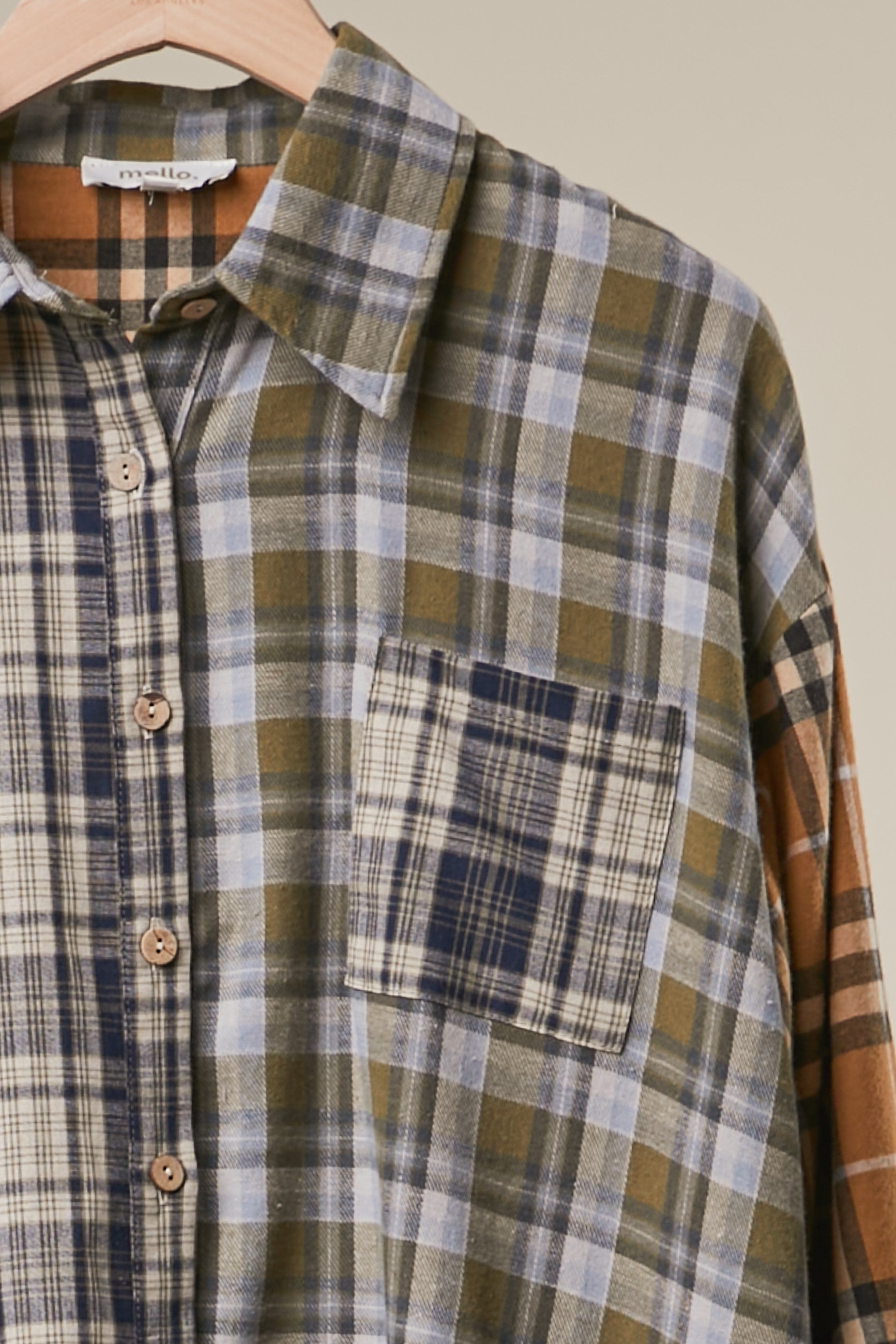 Mixed Plaid Patchwork Button Up Shirt in Navy Blue - chest pocket detail