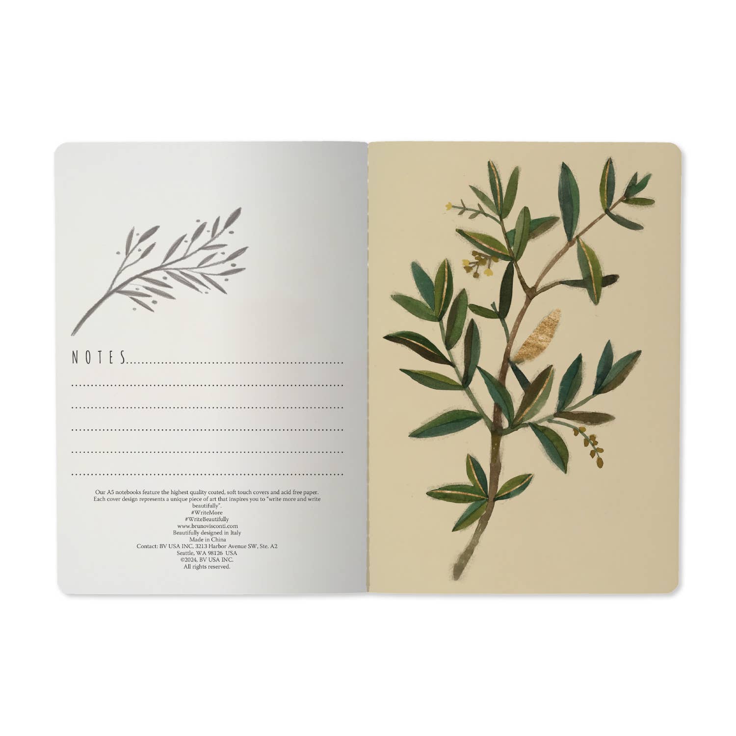 A5 soft-touch notebook with an olive branch cover design, detail view