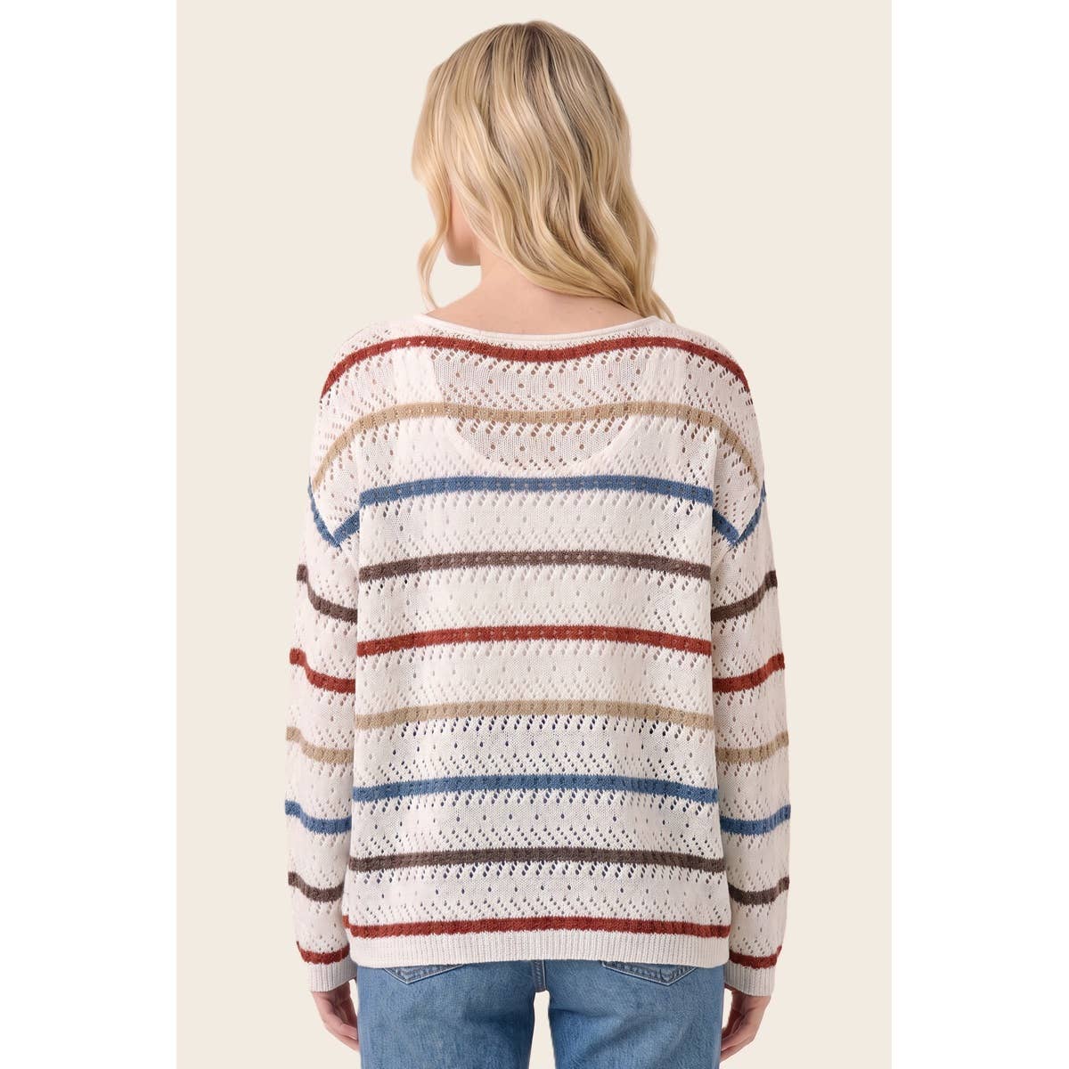 Multi color striped crochet sweater, back view