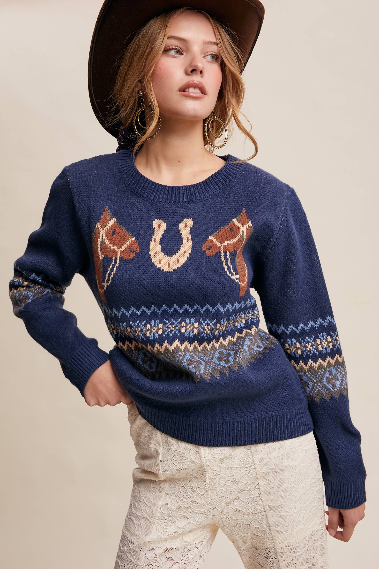 Western Horse & Horseshoe Sweater in Navy – 4