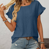 Dark Blue Solid Color Crewneck Sweet Short-Sleeve Hollow-Out Top