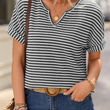 Stripe Textured Notched Neck Cuffed Short Sleeve Top