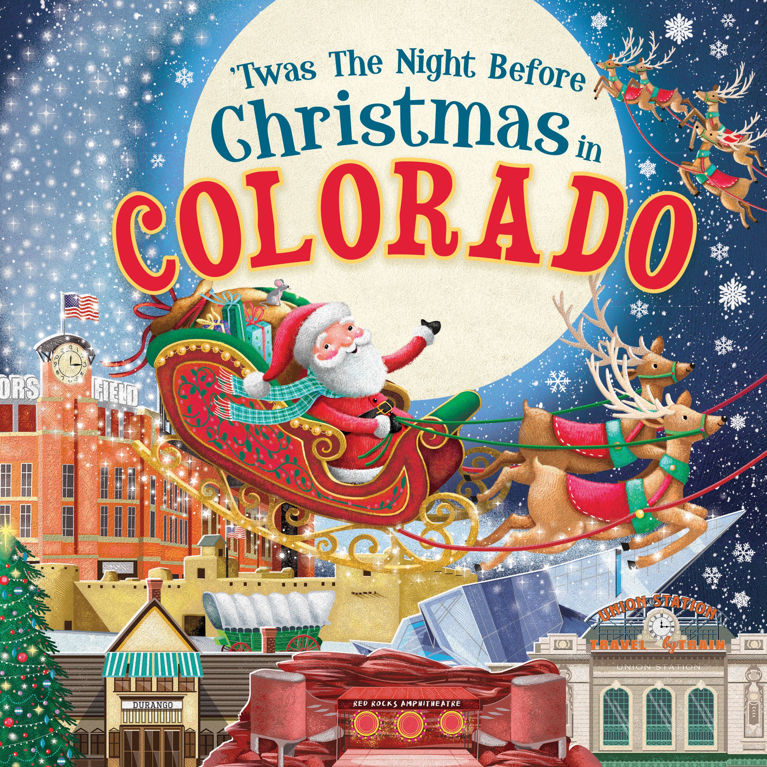 Book cover with Santa's sleigh and reindeer over Colorado buildings under a full moon