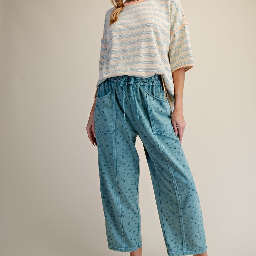 Ditsy Printed Mineral Wash Pants in Teal Blue - full length view