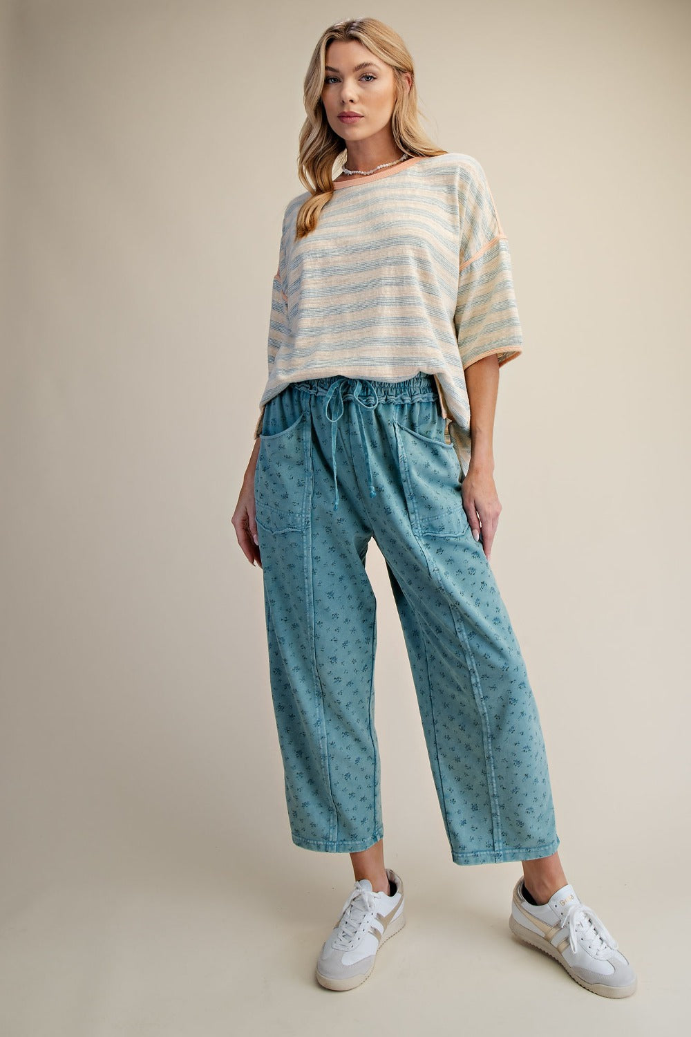 Ditsy Printed Mineral Wash Pants in Teal Blue - full length view